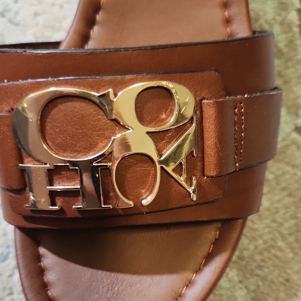 Coach Brown Leather Logo Cork Wedge Slide Sandals with Gold Hardware - Picture 4 of 10